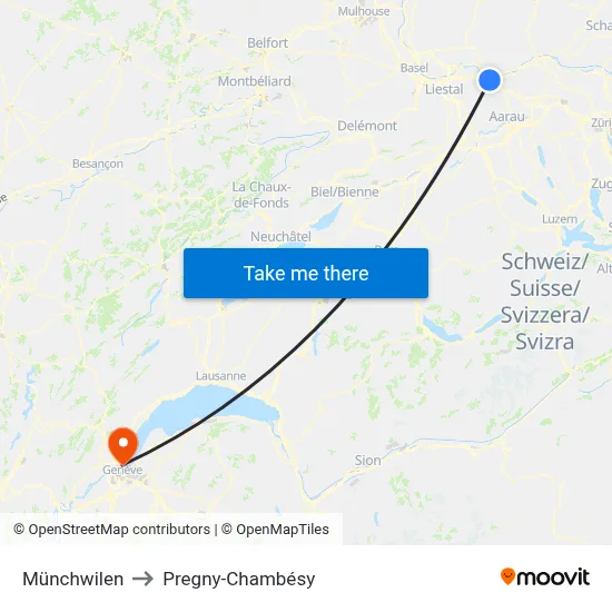 Münchwilen to Pregny-Chambésy map