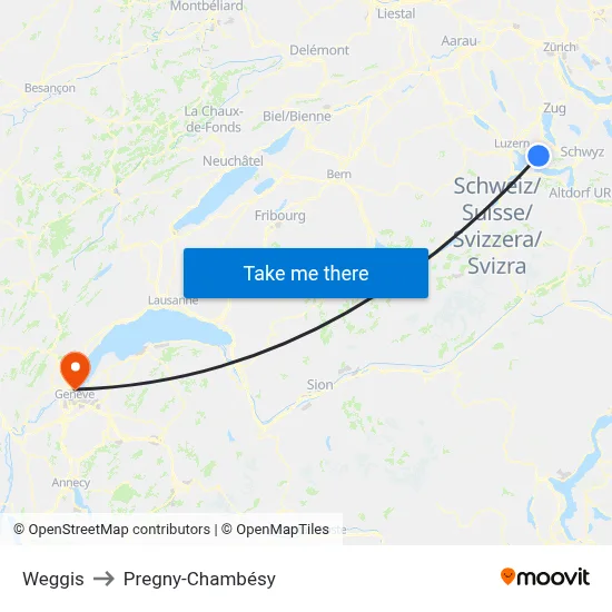 Weggis to Pregny-Chambésy map