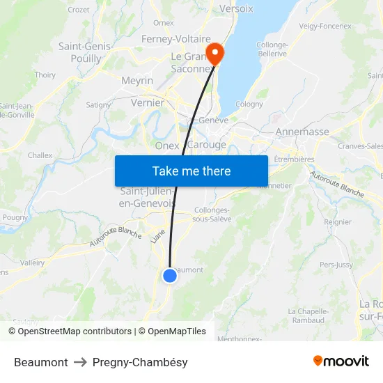 Beaumont to Pregny-Chambésy map