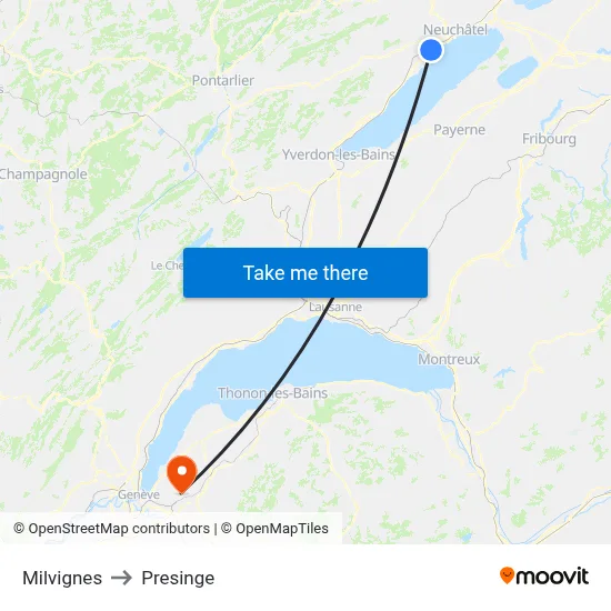 Milvignes to Presinge map