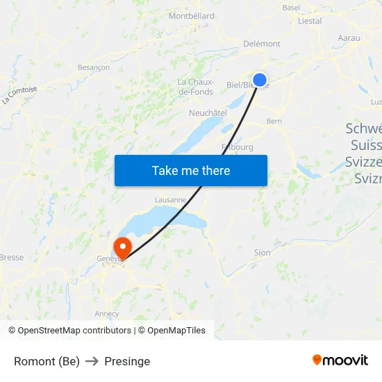 Romont (Be) to Presinge map
