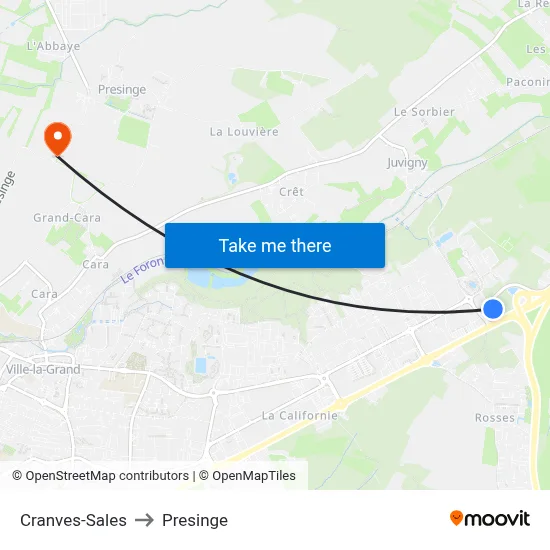 Cranves-Sales to Presinge map