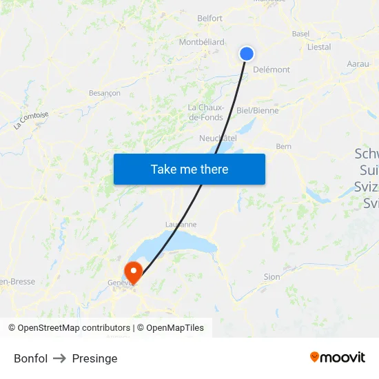 Bonfol to Presinge map
