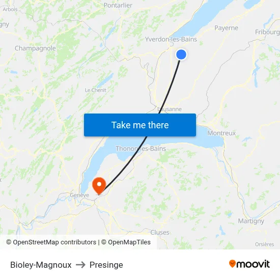 Bioley-Magnoux to Presinge map