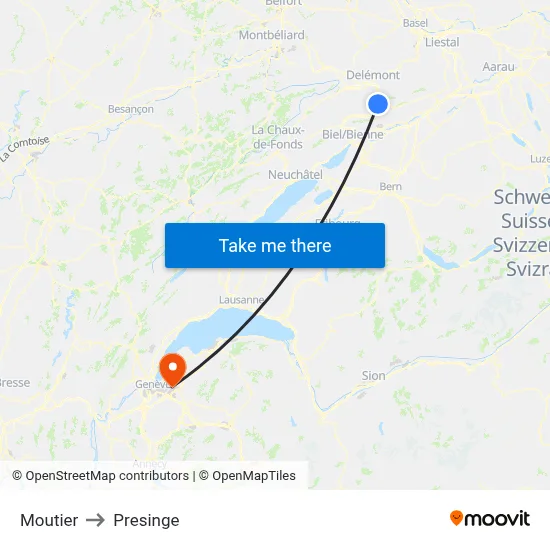 Moutier to Presinge map