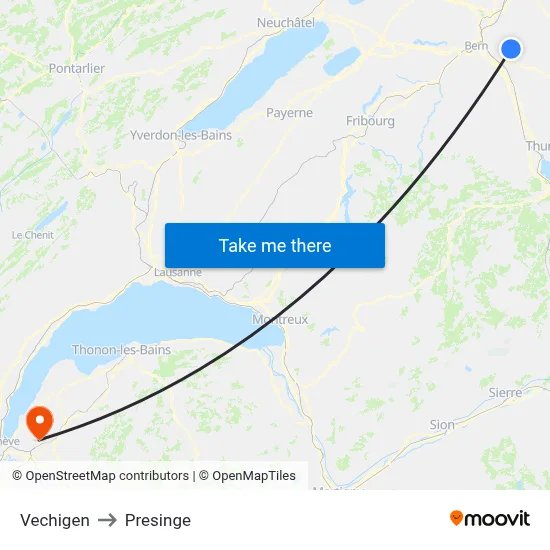 Vechigen to Presinge map