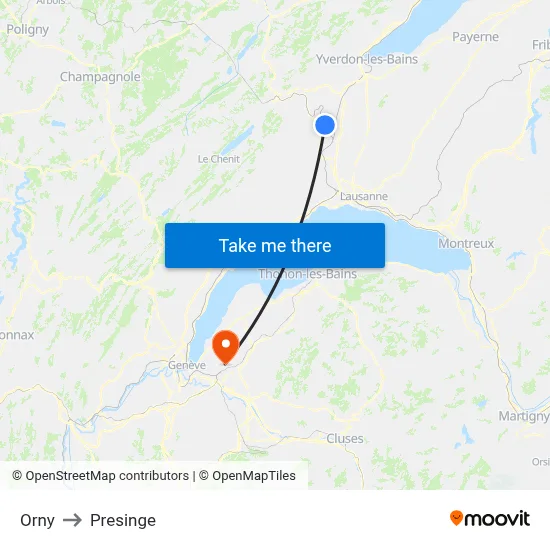 Orny to Presinge map