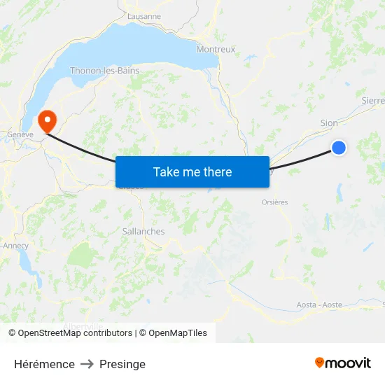 Hérémence to Presinge map
