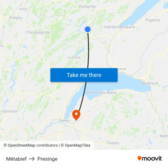 Métabief to Presinge map
