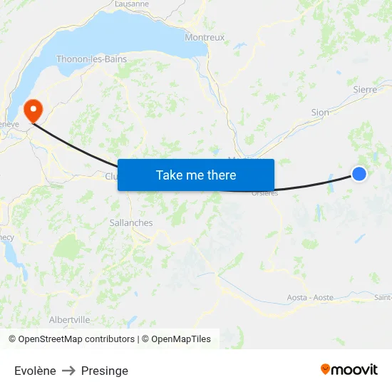Evolène to Presinge map