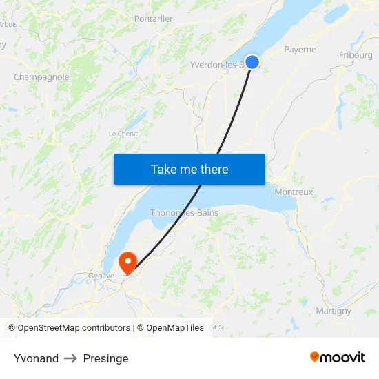 Yvonand to Presinge map