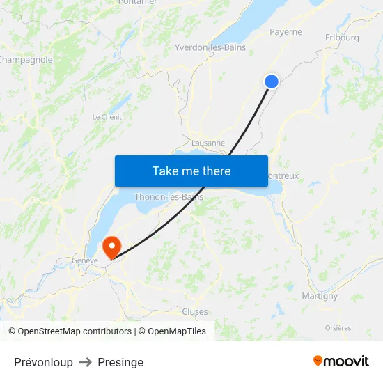 Prévonloup to Presinge map