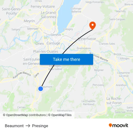 Beaumont to Presinge map