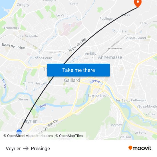 Veyrier to Presinge map