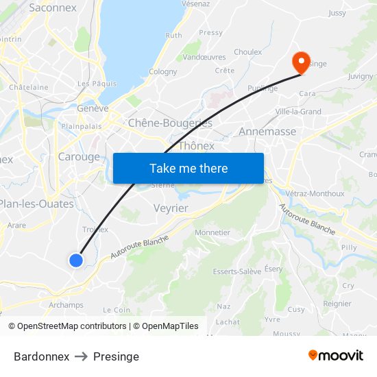 Bardonnex to Presinge map