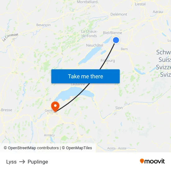 Lyss to Puplinge map