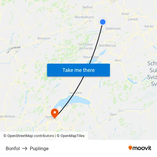 Bonfol to Puplinge map