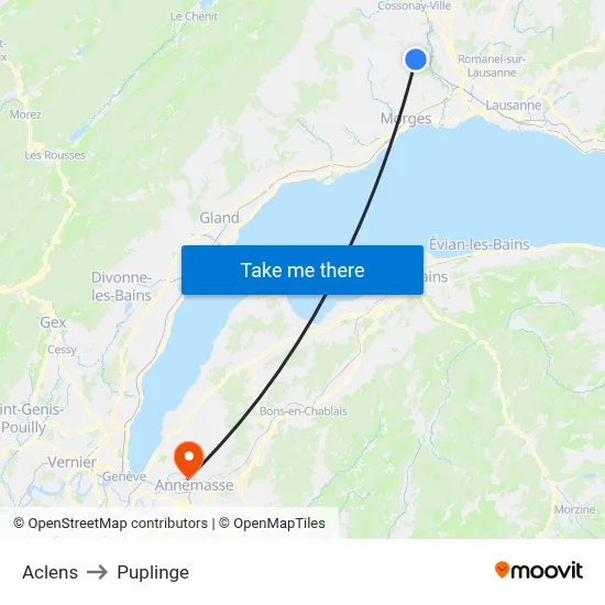 Aclens to Puplinge map