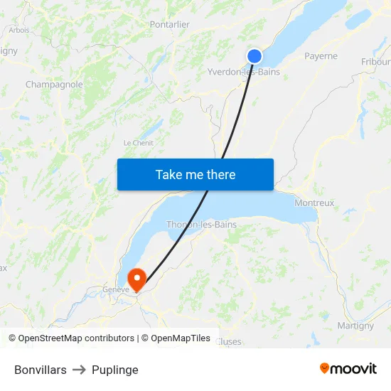 Bonvillars to Puplinge map