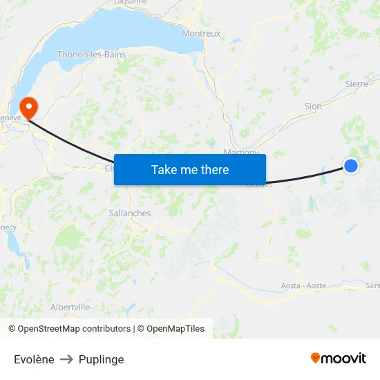 Evolène to Puplinge map