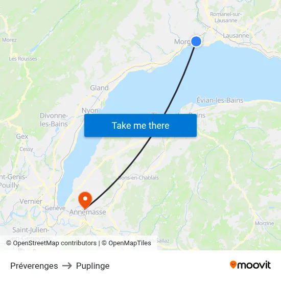 Préverenges to Puplinge map