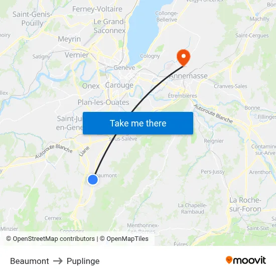 Beaumont to Puplinge map