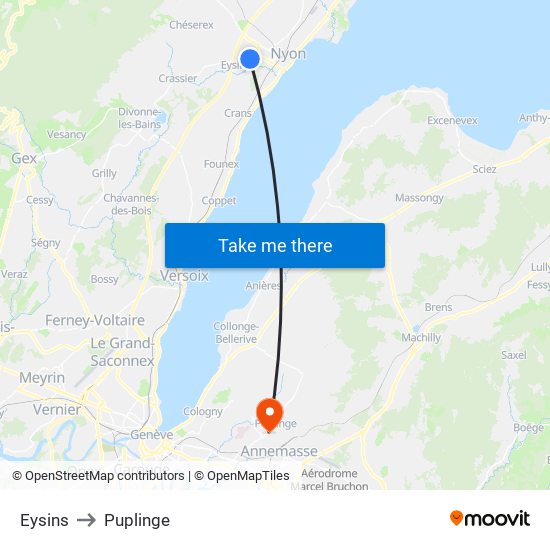 Eysins to Puplinge map