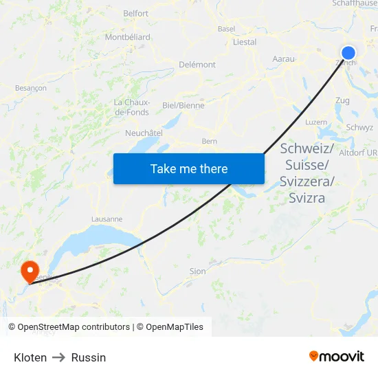 Kloten to Russin map