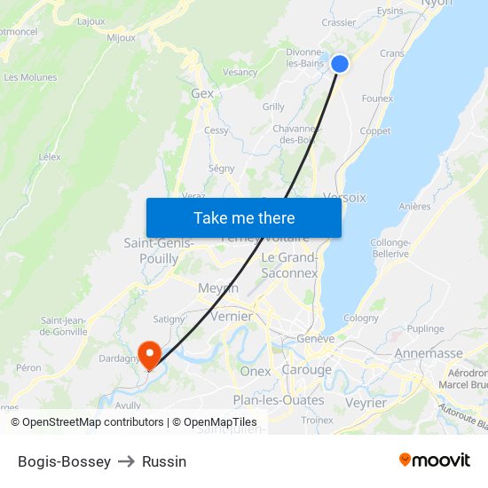 Bogis-Bossey to Russin map