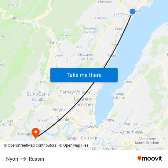 Nyon to Russin map