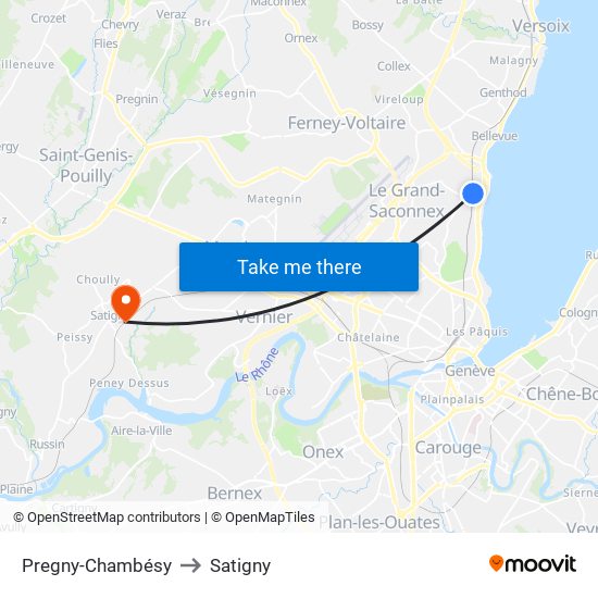 Pregny-Chambésy to Satigny map