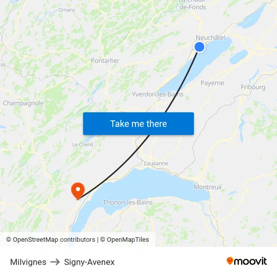 Milvignes to Signy-Avenex map