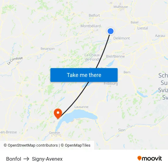 Bonfol to Signy-Avenex map