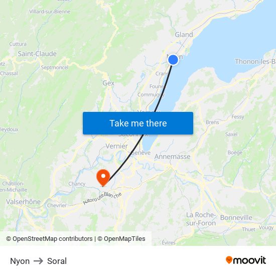 Nyon to Soral map