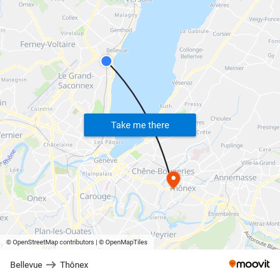 Bellevue to Thônex map