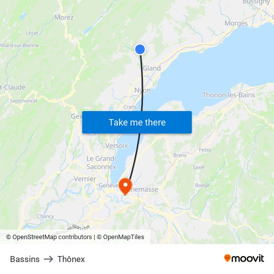 Bassins to Thônex map