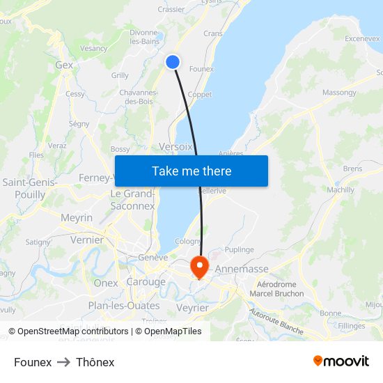 Founex to Thônex map