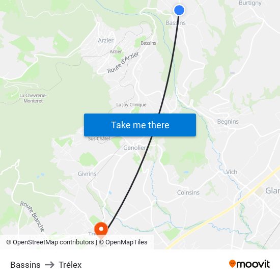 Bassins to Trélex map