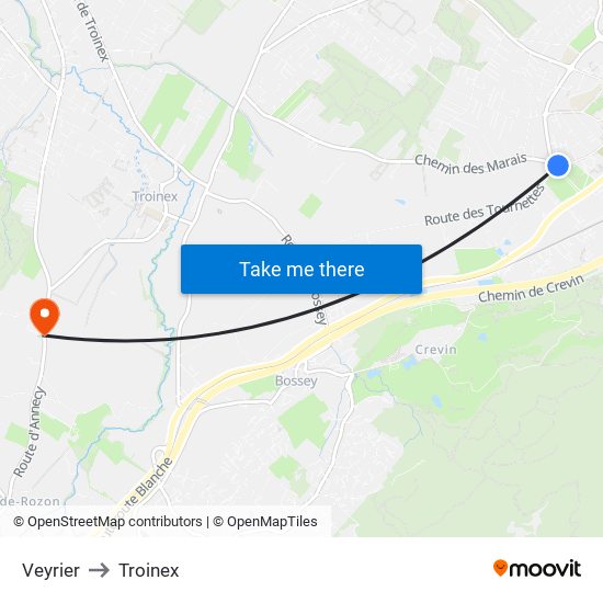 Veyrier to Troinex map