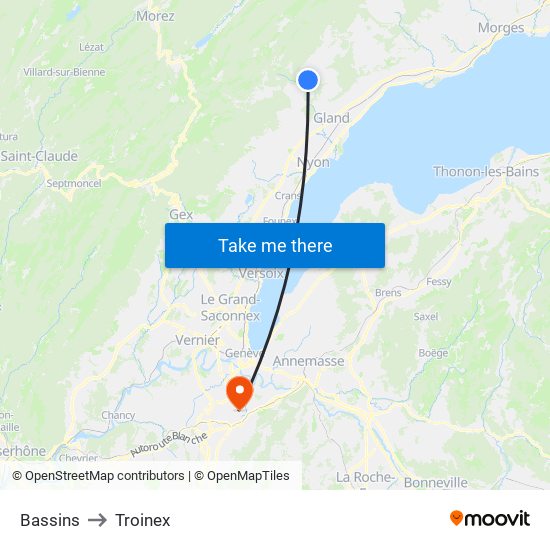 Bassins to Troinex map