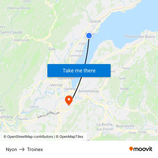 Nyon to Troinex map