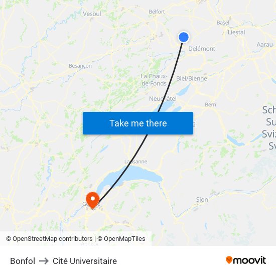 Bonfol to Cité Universitaire map