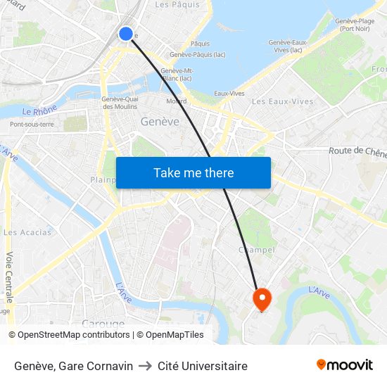 Genève, Gare Cornavin to Cité Universitaire map