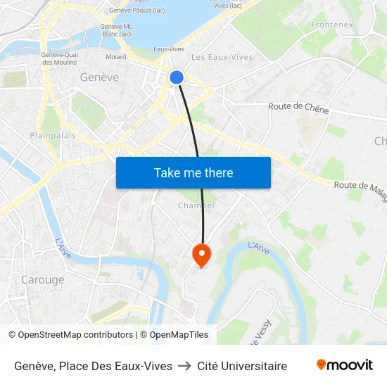 Genève, Place Des Eaux-Vives to Cité Universitaire map