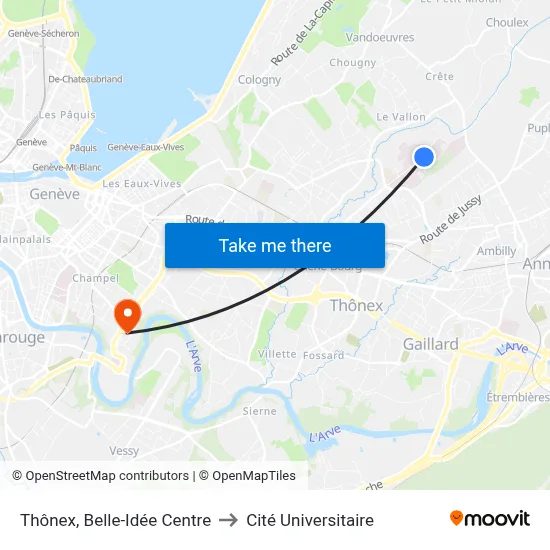 Thônex, Belle-Idée Centre to Cité Universitaire map