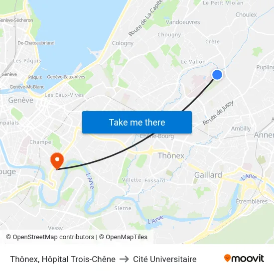 Thônex, Hôpital Trois-Chêne to Cité Universitaire map
