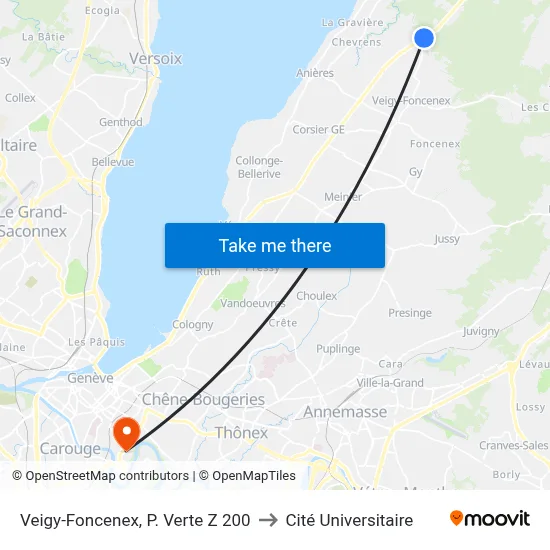 Veigy-Foncenex, P. Verte Z 200 to Cité Universitaire map