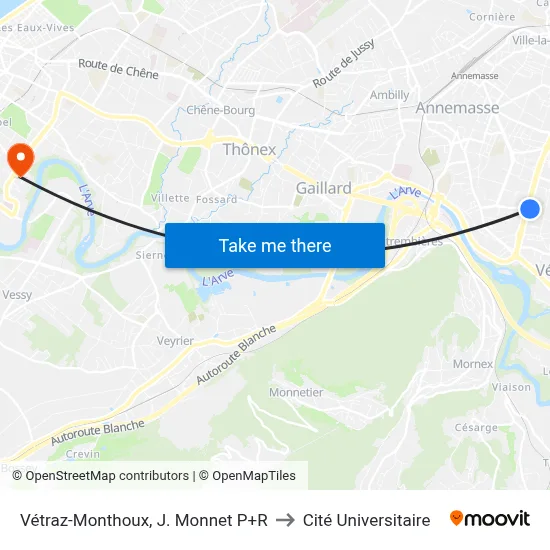 Vétraz-Monthoux, J. Monnet P+R to Cité Universitaire map