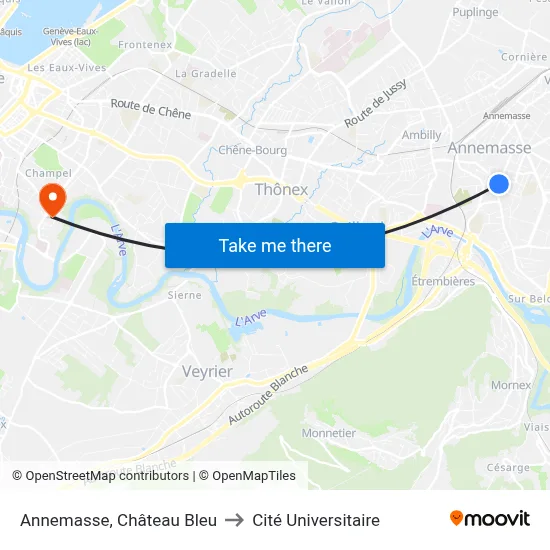 Annemasse, Château Bleu to Cité Universitaire map