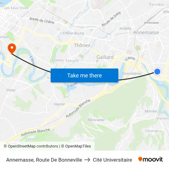 Annemasse, Route De Bonneville to Cité Universitaire map